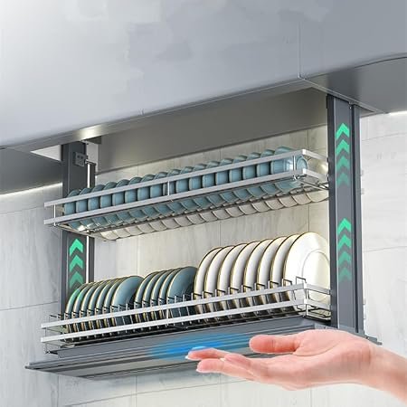 Smart Kitchen Dish Rack Lifting System,Pull Down Shelf for 36" Upper Cabinets;Touch Switch,Anti-Collision;LED Light;2-Tier Heavy-Duty Wall Mounted Cabinet Organizer Appliance Lift